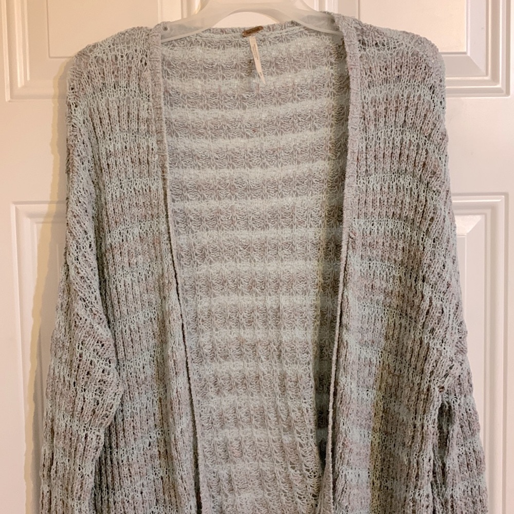Free People Open Front Light Knit Cardigan Pockets Women’s M Marble Blue Boho - Picture 3 of 10